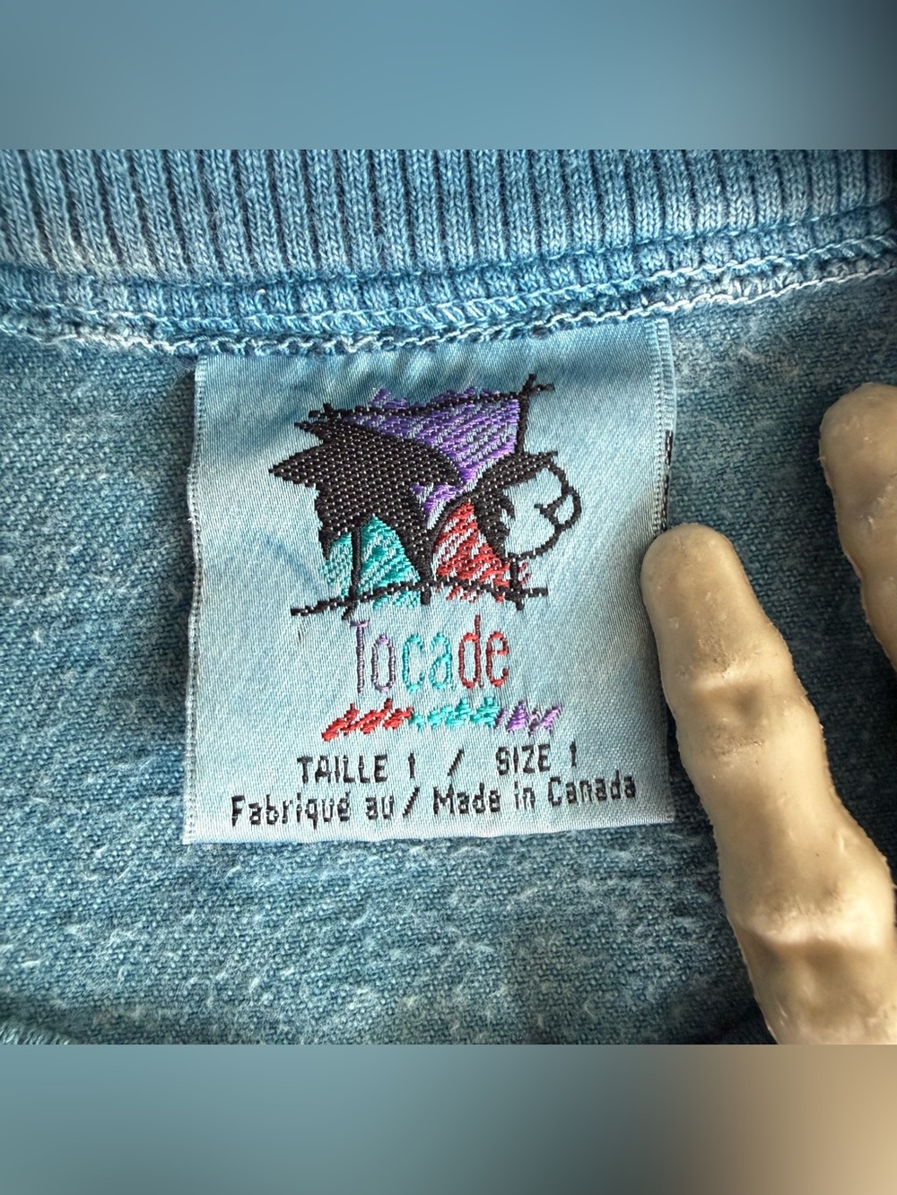 💀 SOLD 💀 Vintage 90s Blue Denim Steam Train Quebec Crewneck Pullover ~ Size L - Picture 8 of 9